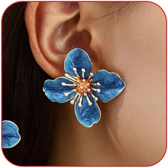 Women's Blue Beauty Cute Flower Shape Statement Boho Dainty Stud Earrings - Picture 1 of 4